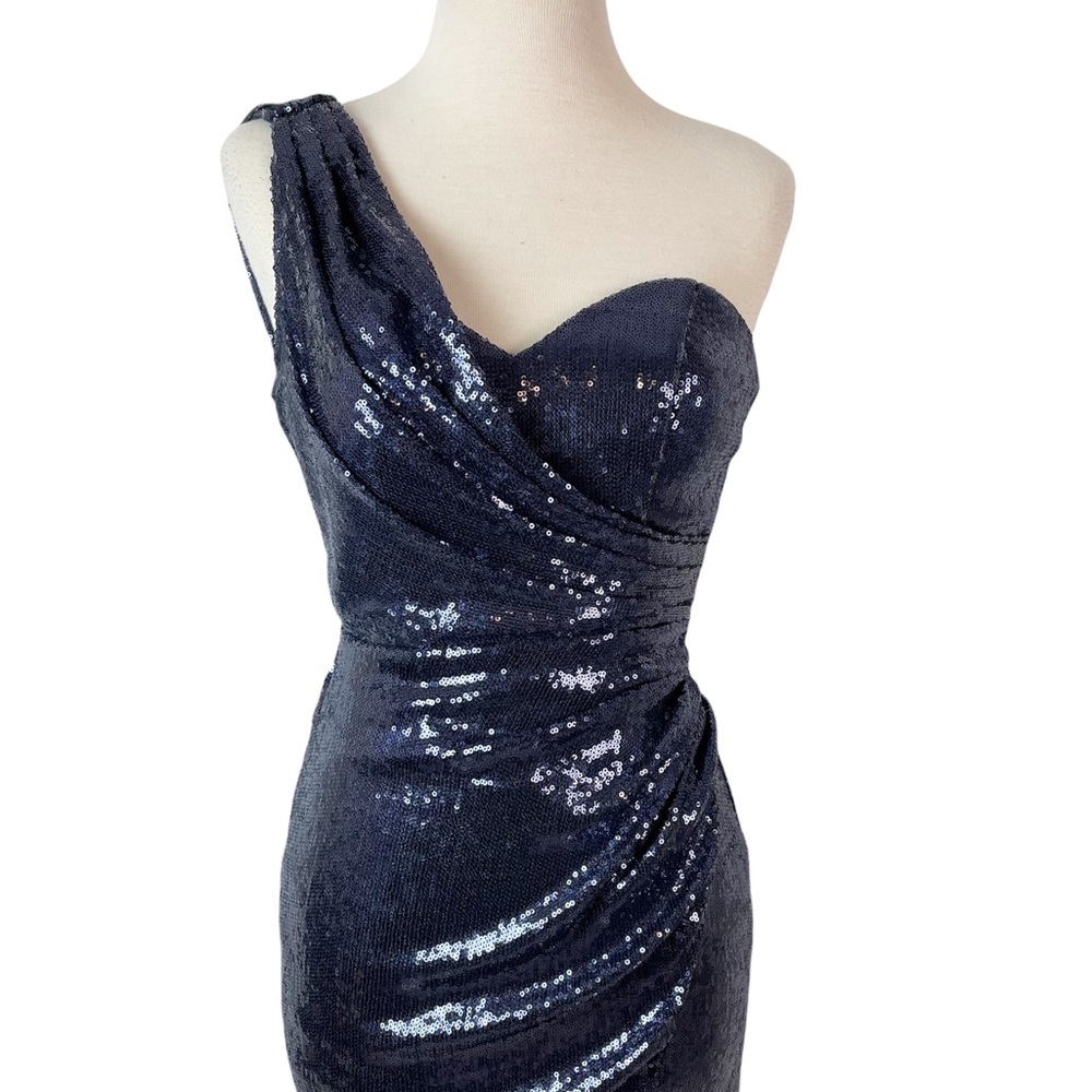 Cache Navy One-Shoulder Sequin Prom Gown - Picture 3 of 16